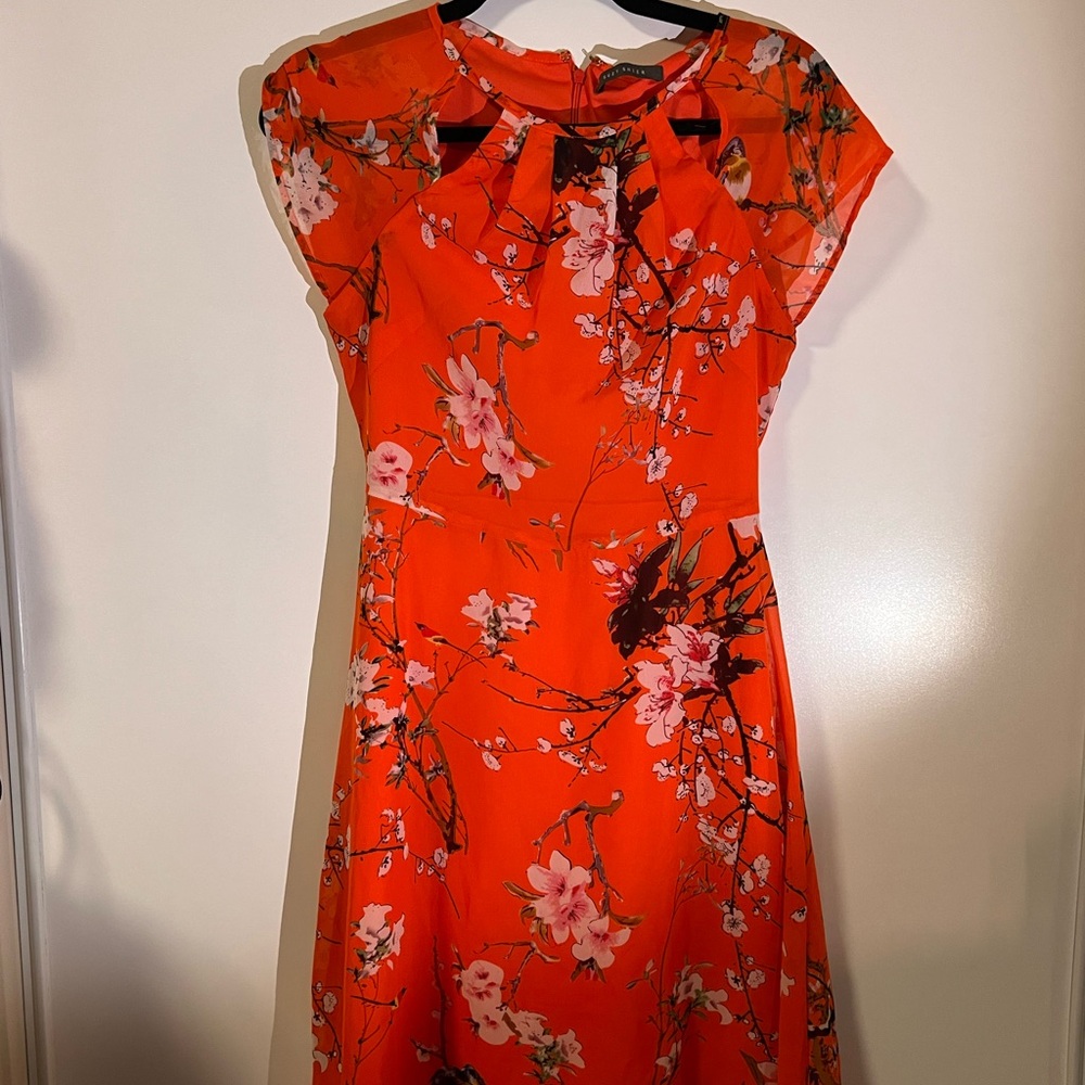 Suzy Shier Vibrant Floral Midi Dress - Orange and Pink